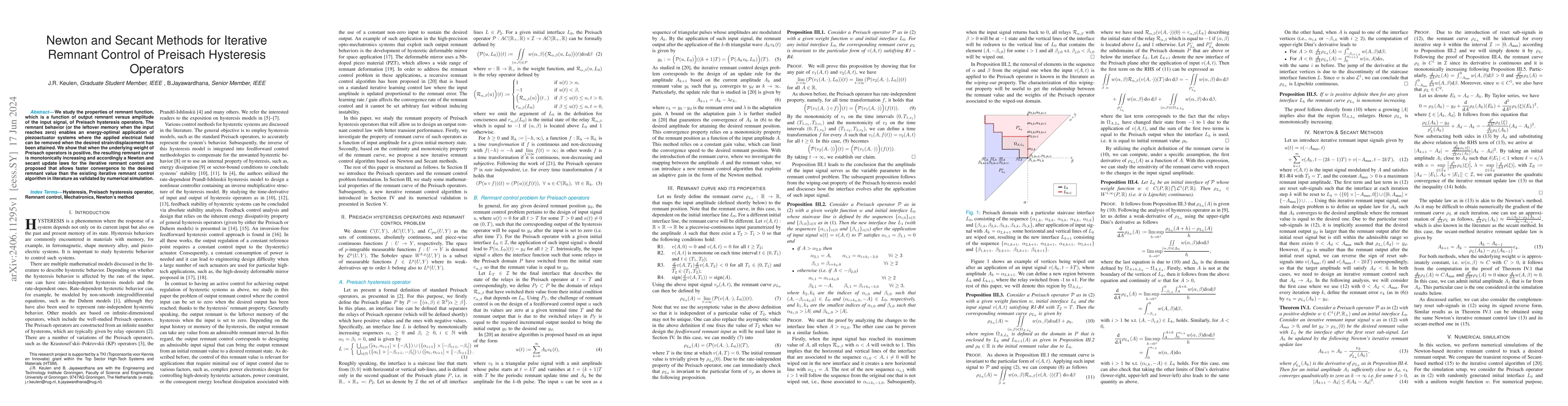 Thumbnail for Newton and Secant Methods for Iterative Remnant Control of Preisach
  Hysteresis Operators