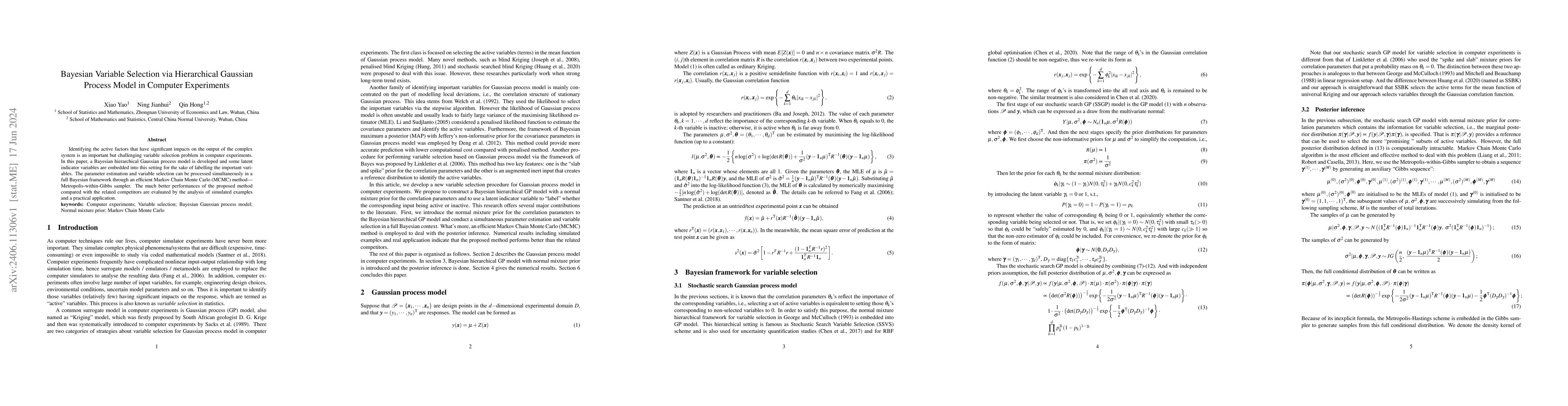 Thumbnail for Bayesian Variable Selection via Hierarchical Gaussian Process Model in
  Computer Experiments