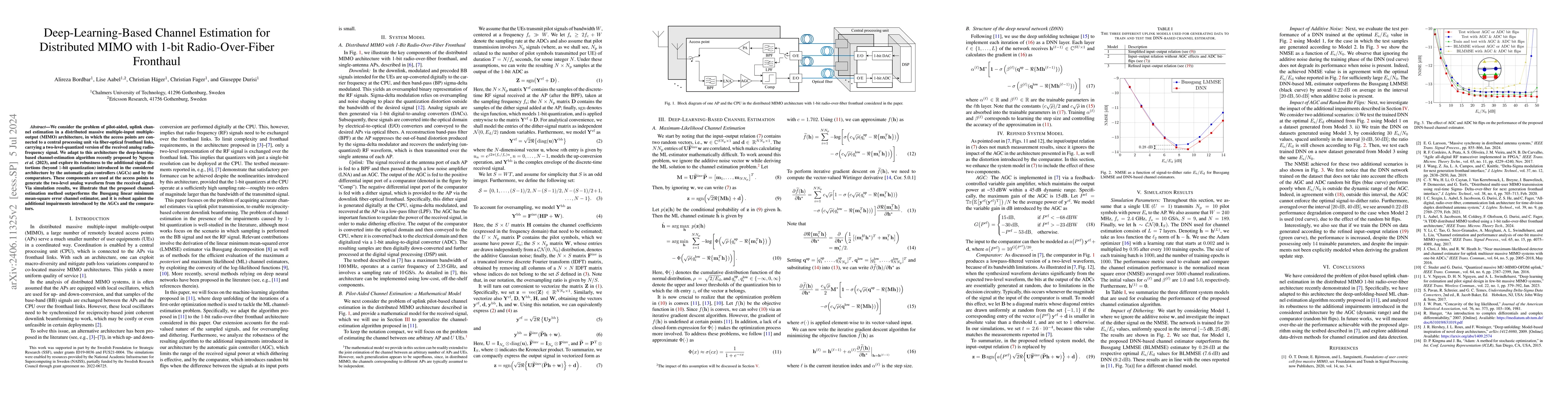 Thumbnail for Deep-Learning-Based Channel Estimation for Distributed MIMO with 1-bit
  Radio-Over-Fiber Fronthaul