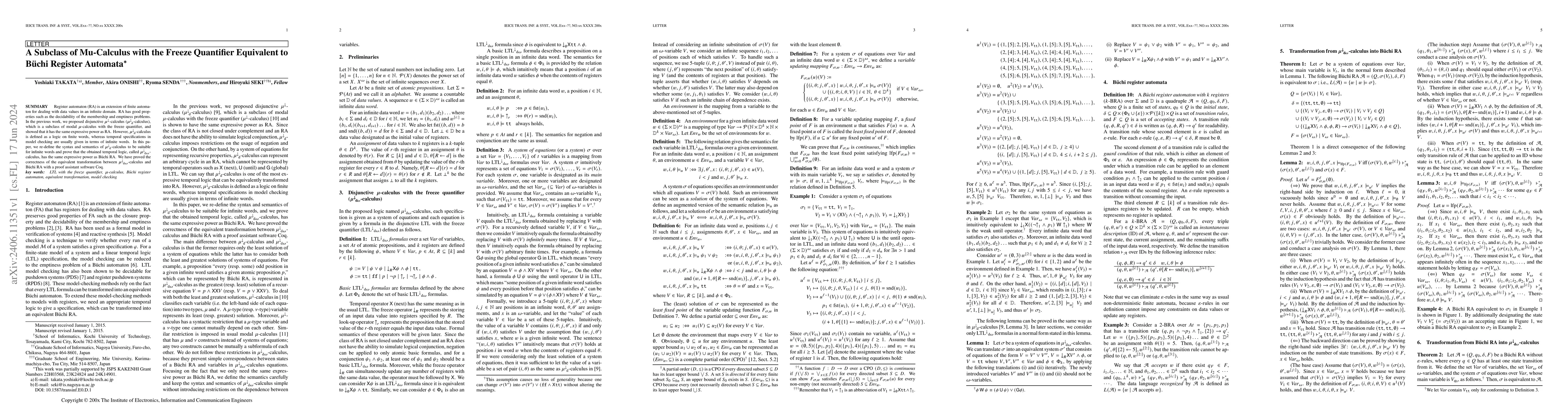 Thumbnail for A Subclass of Mu-Calculus with the Freeze Quantifier Equivalent to Buchi
  Register Automata