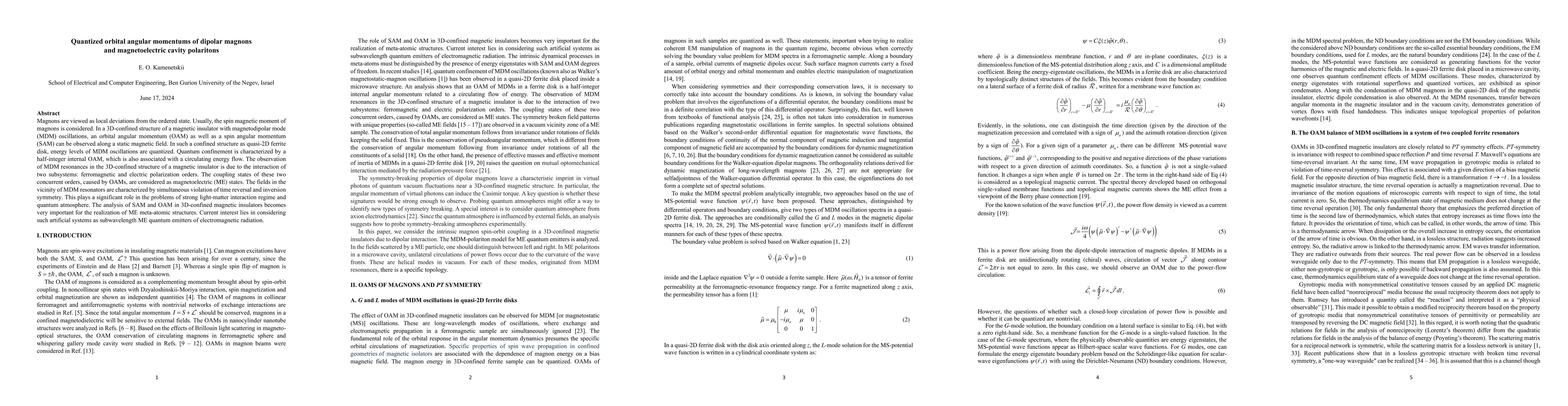 Thumbnail for Quantized orbital angular momentums of dipolar magnons and
  magnetoelectric cavity polaritons
