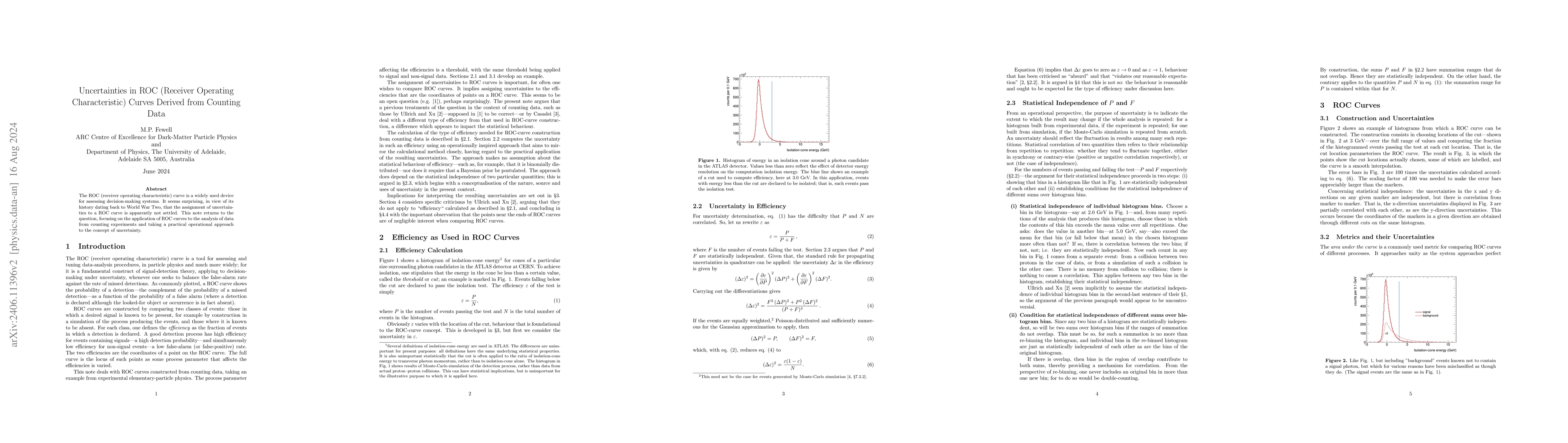 Thumbnail for Uncertainties in ROC (Receiver Operating Characteristic) Curves Derived
  from Counting Data