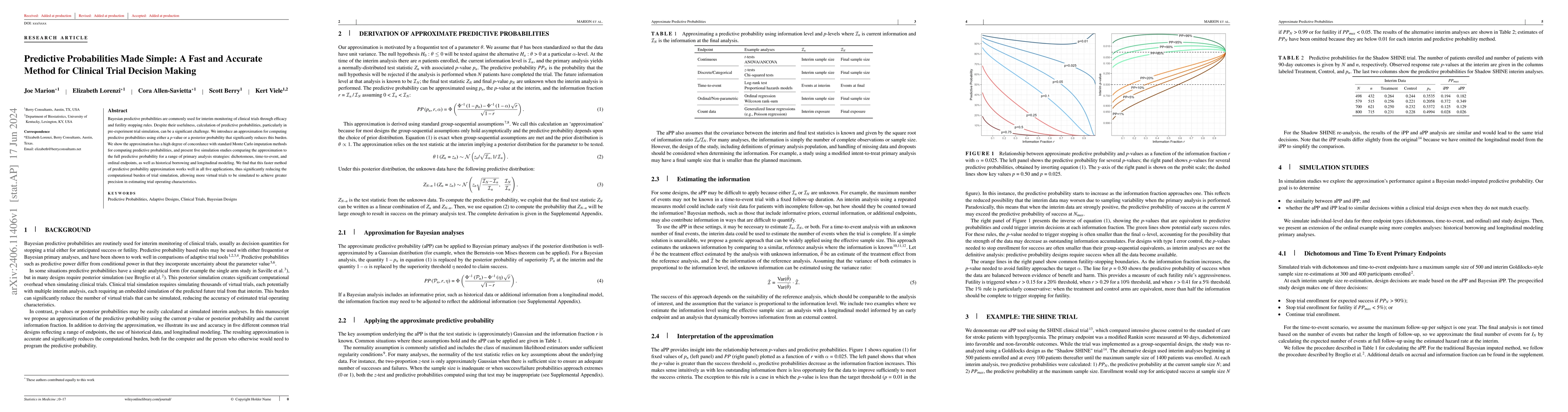 Thumbnail for Predictive Probabilities Made Simple: A Fast and Accurate Method for
  Clinical Trial Decision Making