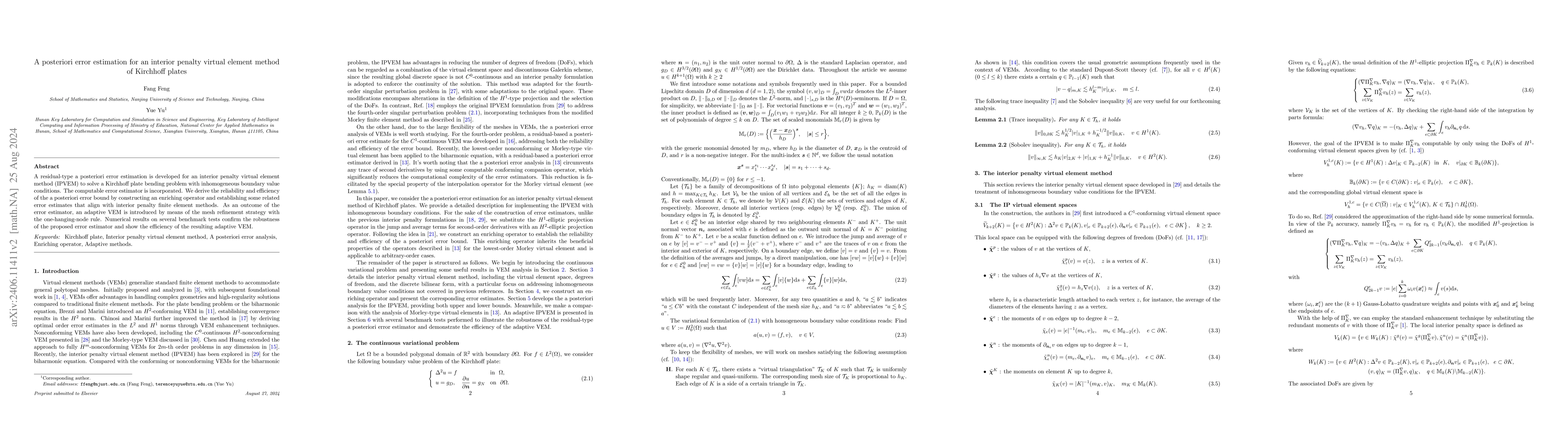 Thumbnail for A posteriori error estimation for an interior penalty virtual element
  method of Kirchhoff plates