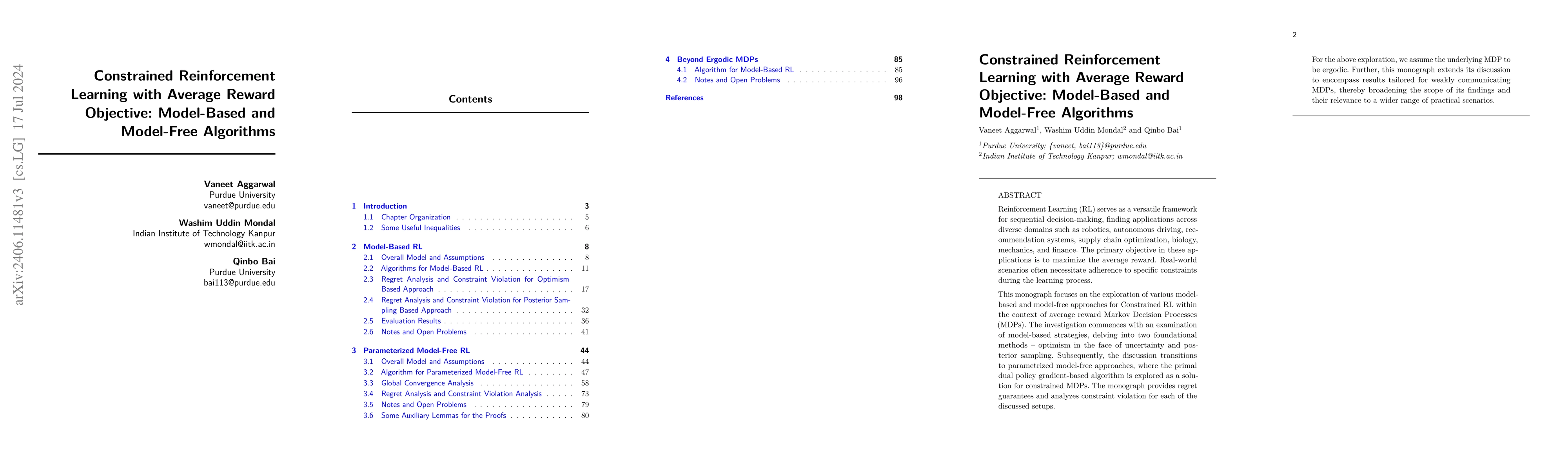 Thumbnail for Constrained Reinforcement Learning with Average Reward Objective:
  Model-Based and Model-Free Algorithms
