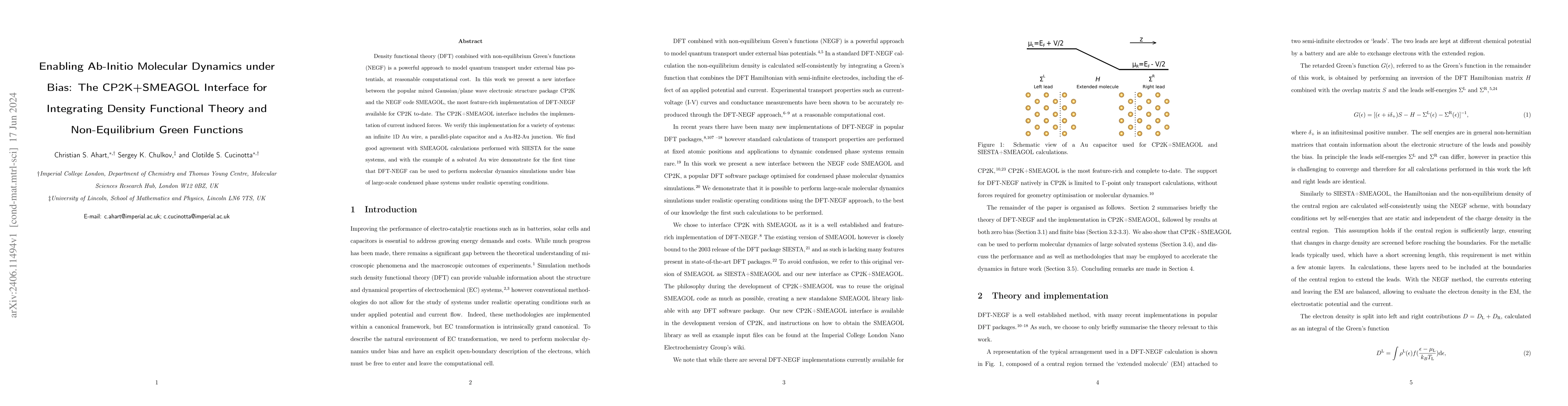 Thumbnail for Enabling Ab-Initio Molecular Dynamics under Bias: The CP2K+SMEAGOL
  Interface for Integrating Density Functional Theory and Non-Equilibrium Green
  Functions