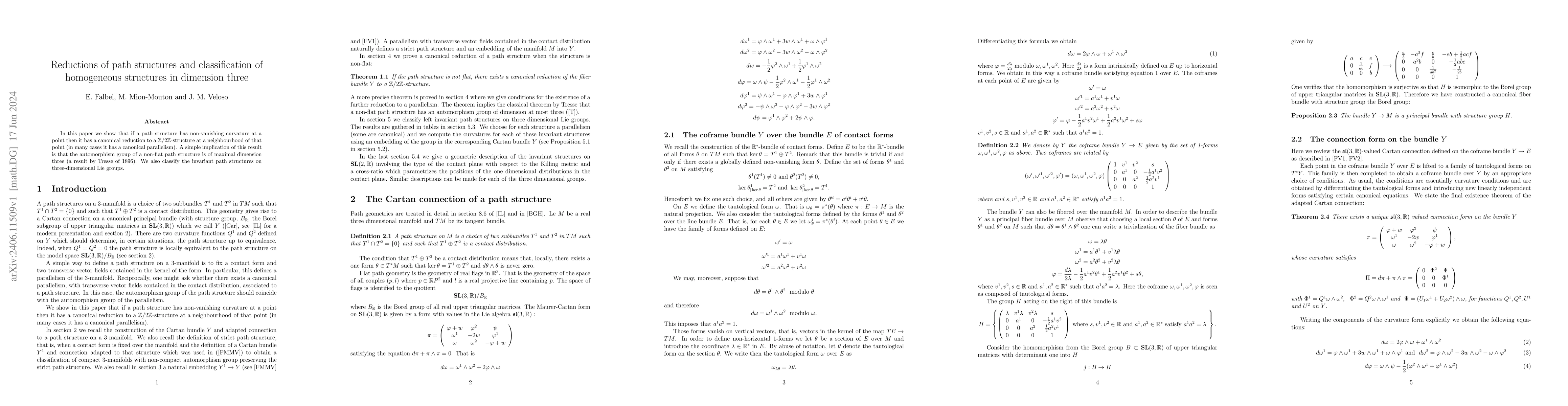 Thumbnail for Reductions of path structures and classification of homogeneous
  structures in dimension three