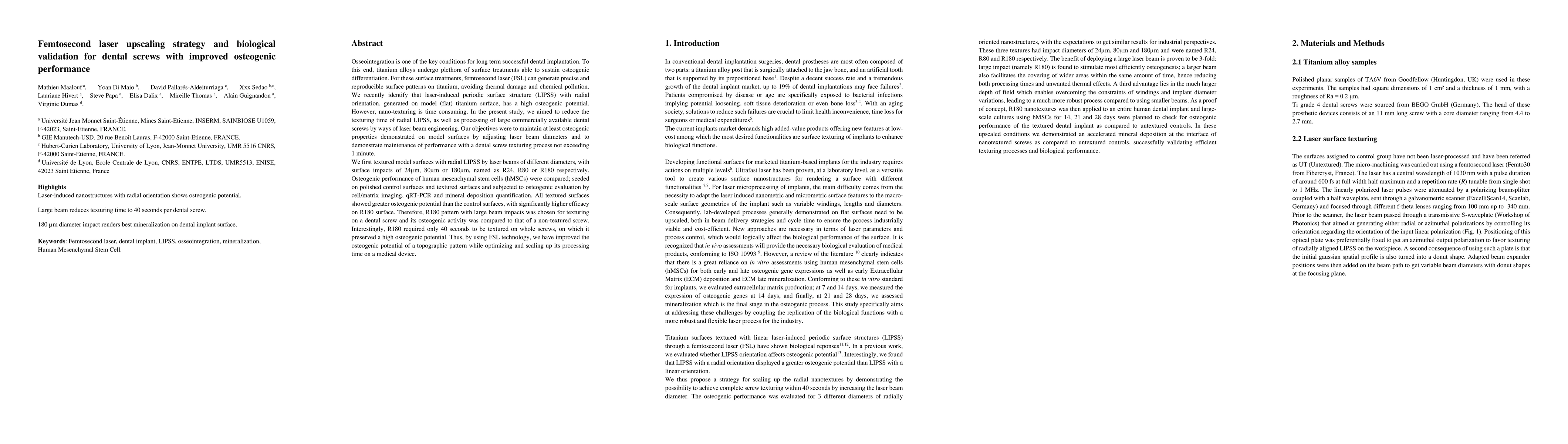 Thumbnail for Femtosecond laser upscaling strategy and biological validation for
  dental screws with improved osteogenic performance
