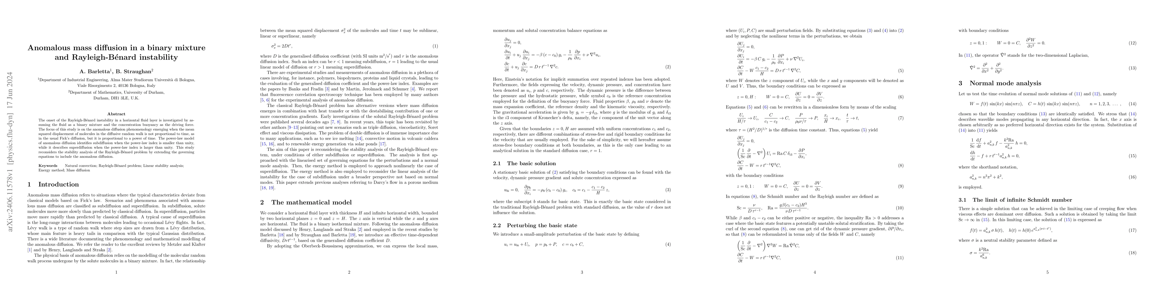 Thumbnail for Anomalous mass diffusion in a binary mixture and Rayleigh-Benard
  instability