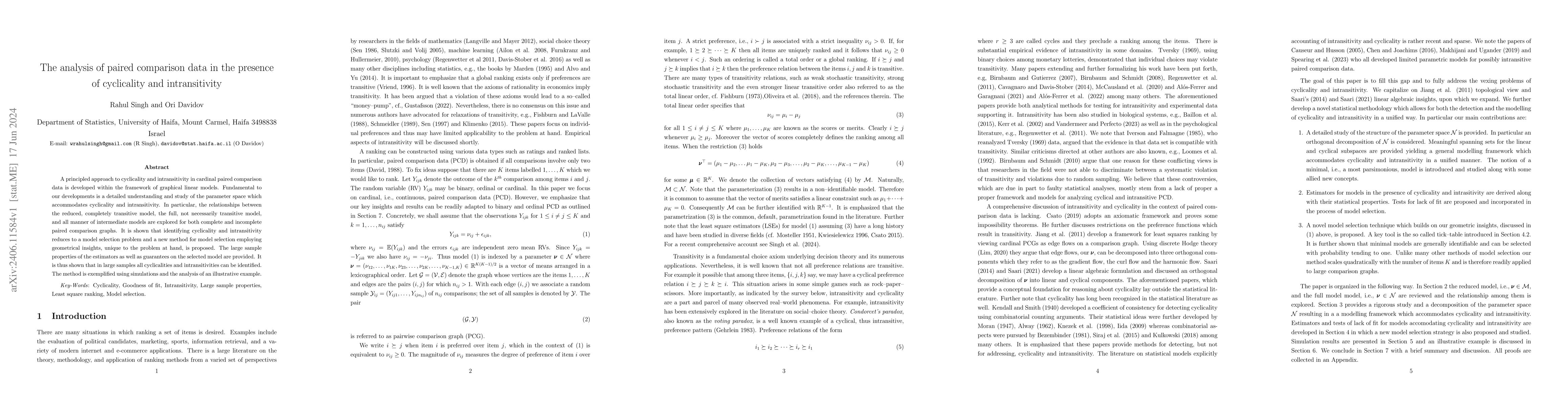Thumbnail for The analysis of paired comparison data in the presence of cyclicality
  and intransitivity