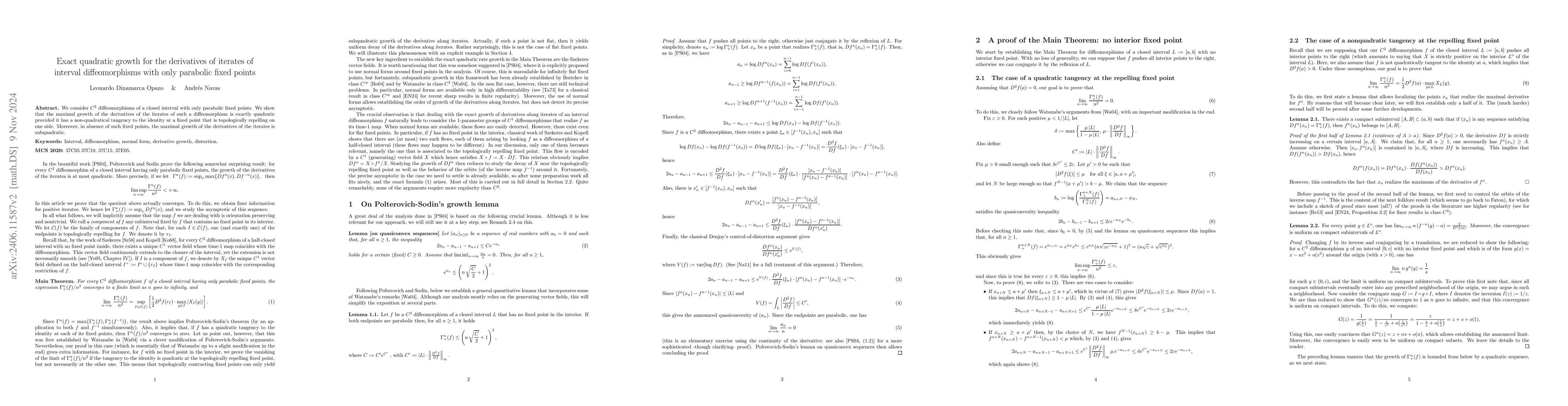 Thumbnail for Exact quadratic growth for the derivatives of iterates of interval
  diffeomorphisms with only parabolic fixed points