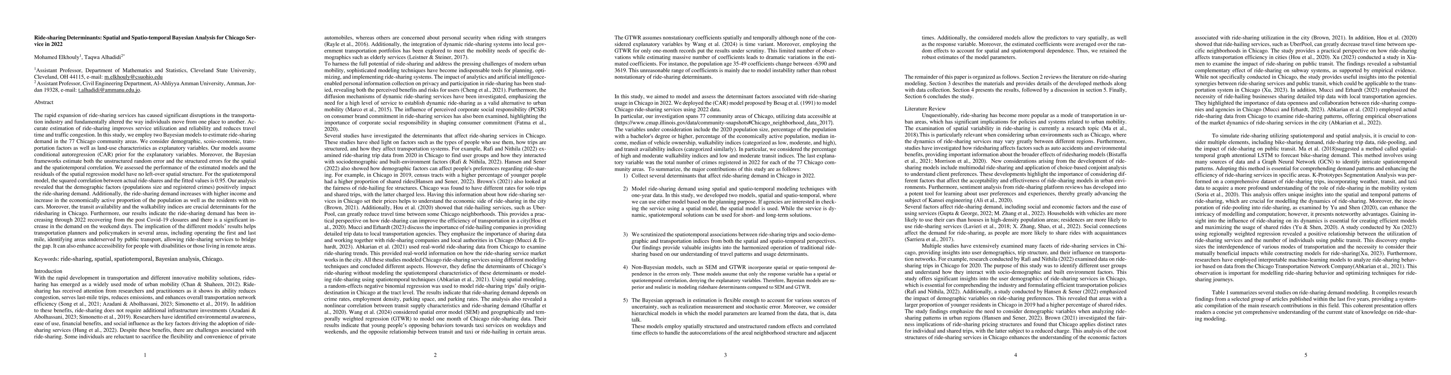 Thumbnail for Ride-sharing Determinants: Spatial and Spatio-temporal Bayesian Analysis
  for Chicago Service in 2022