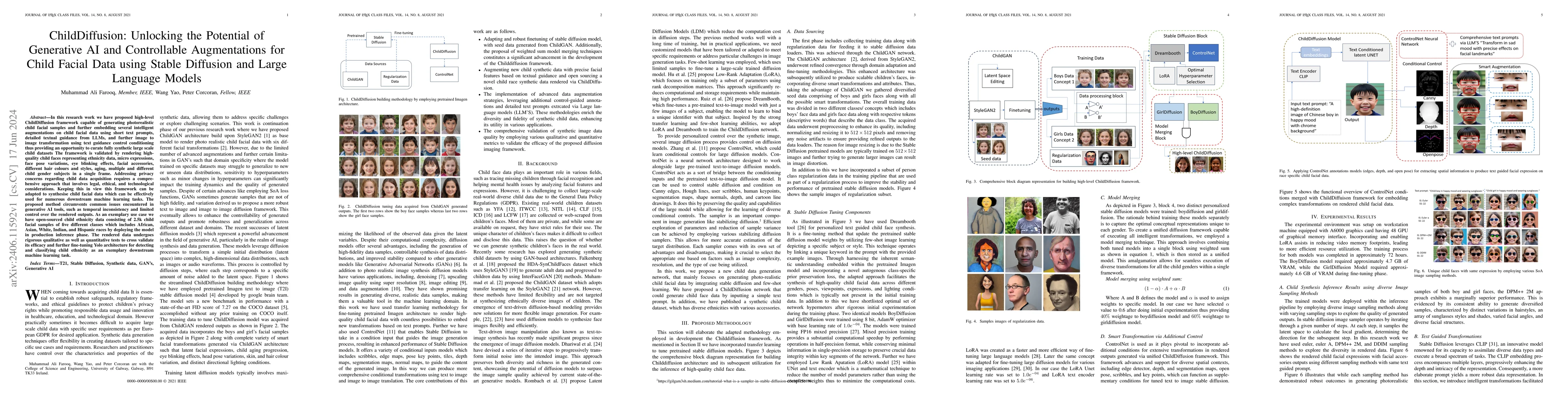 Thumbnail for ChildDiffusion: Unlocking the Potential of Generative AI and
  Controllable Augmentations for Child Facial Data using Stable Diffusion and
  Large Language Models