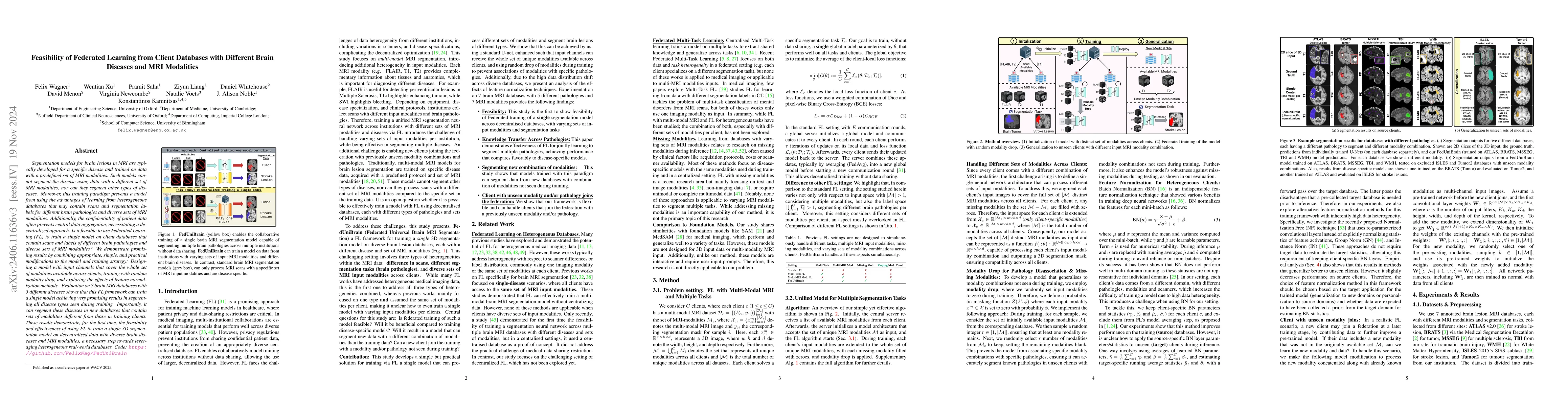 Thumbnail for Feasibility of Federated Learning from Client Databases with Different
  Brain Diseases and MRI Modalities
