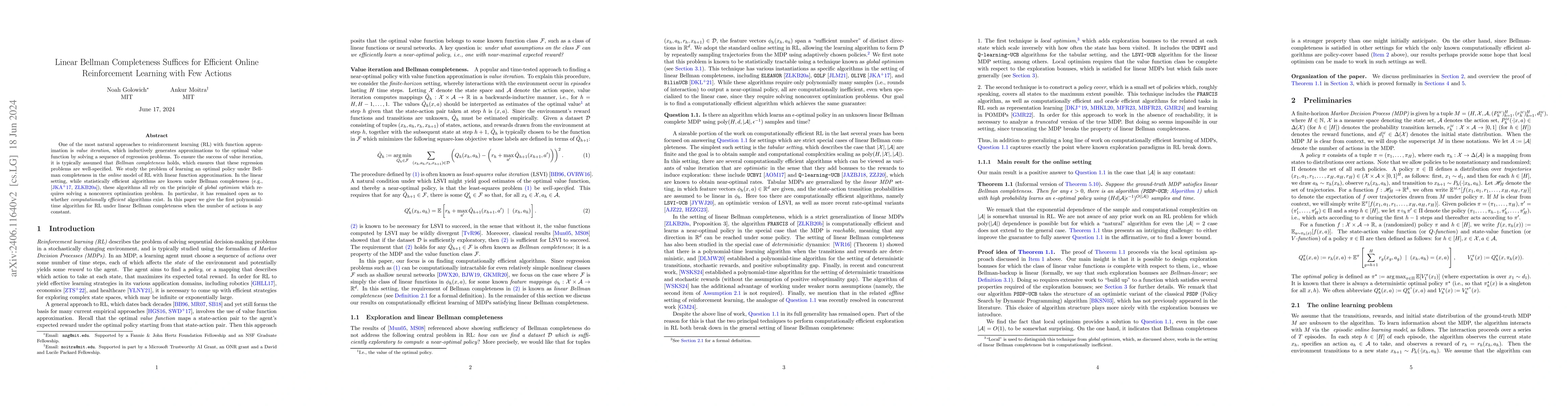 Thumbnail for Linear Bellman Completeness Suffices for Efficient Online Reinforcement
  Learning with Few Actions