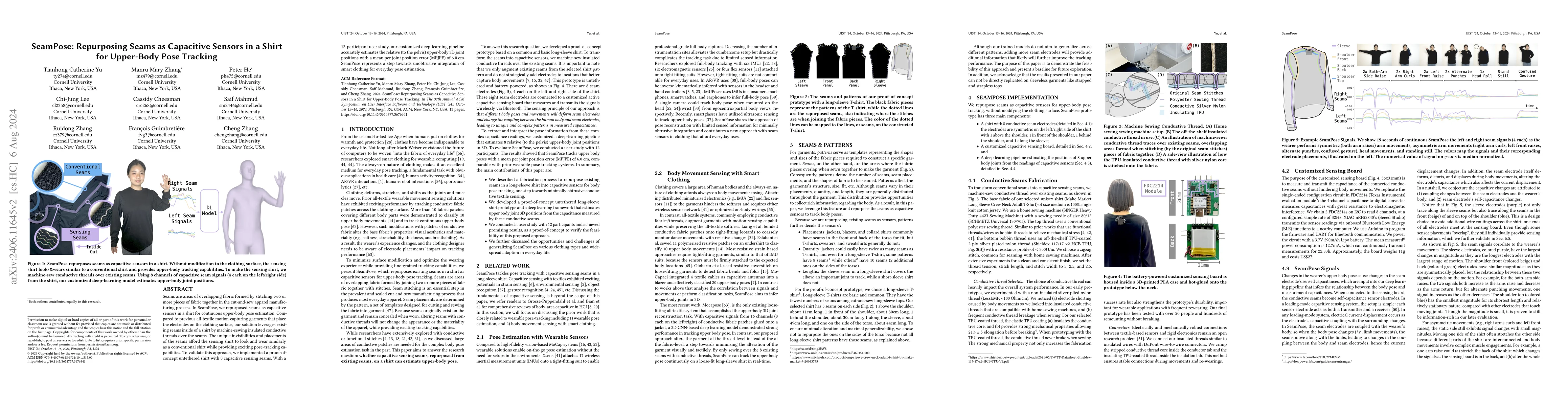 Thumbnail for SeamPose: Repurposing Seams as Capacitive Sensors in a Shirt for
  Upper-Body Pose Tracking