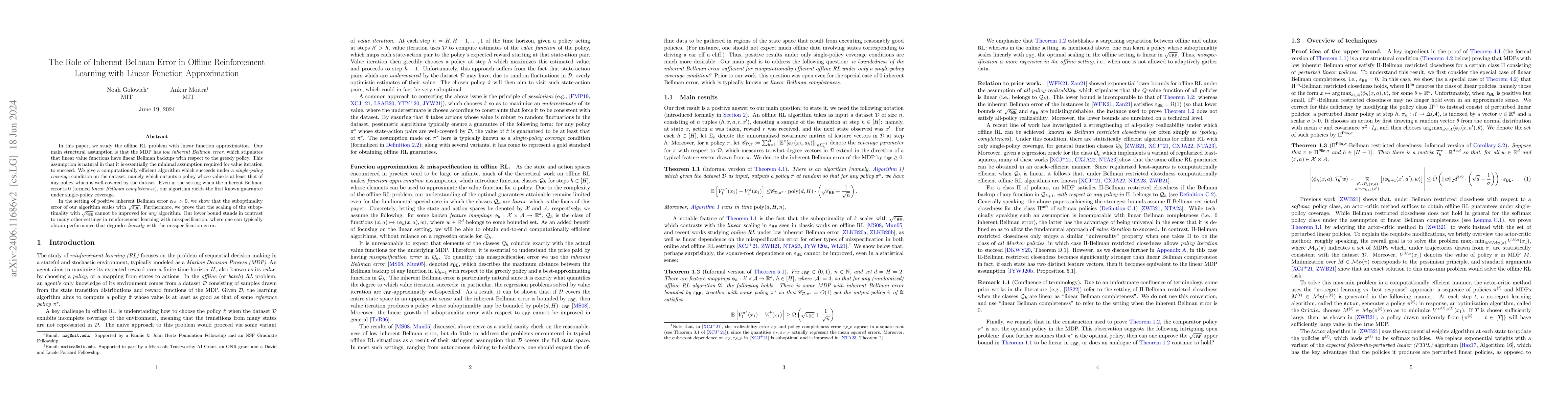 Thumbnail for The Role of Inherent Bellman Error in Offline Reinforcement Learning
  with Linear Function Approximation