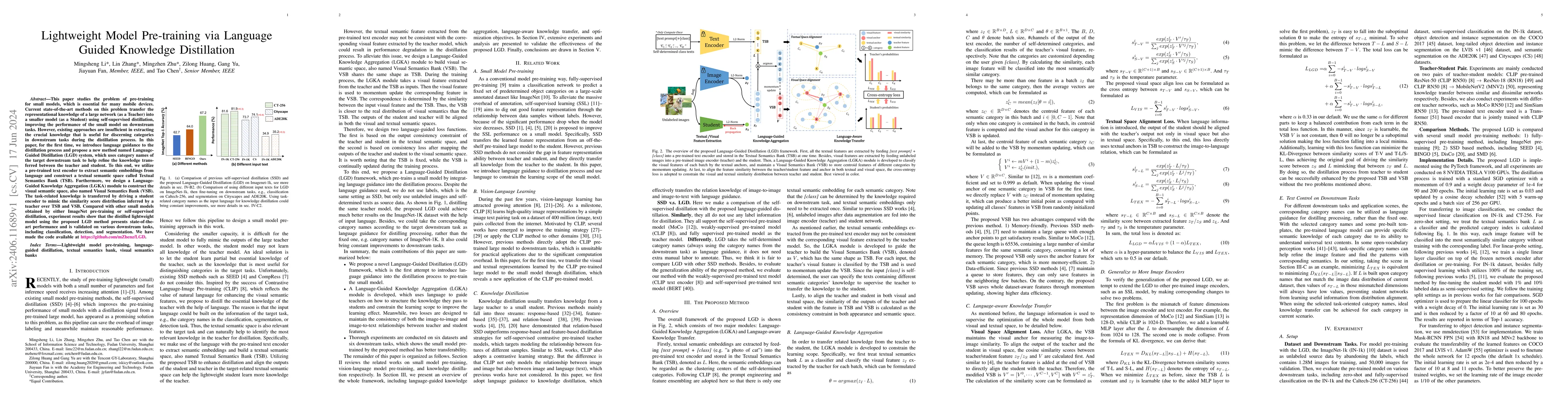 Thumbnail for Lightweight Model Pre-training via Language Guided Knowledge
  Distillation
