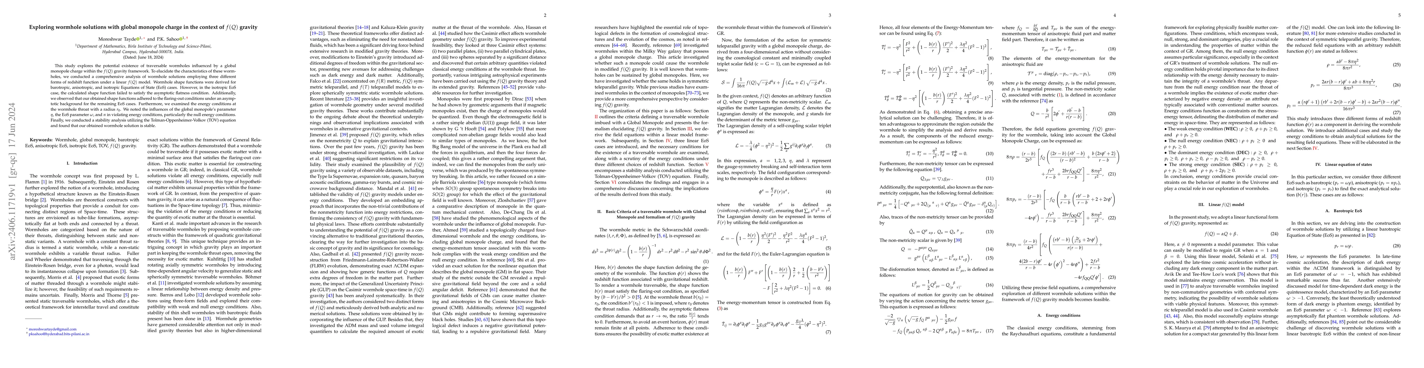 Thumbnail for Exploring wormhole solutions with global monopole charge in the context
  of $f(Q)$ gravity