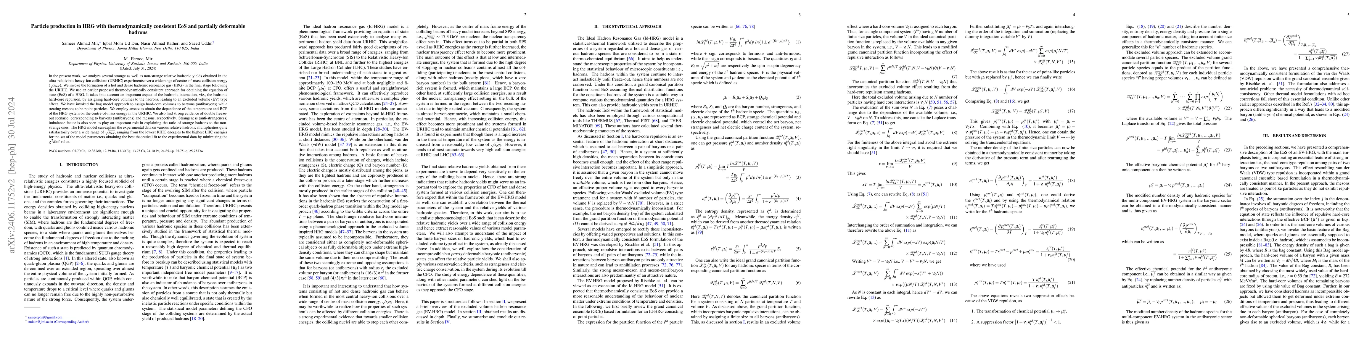 Thumbnail for Particle production in HRG with thermodynamically consistent EoS and
  partially deformable hadrons
