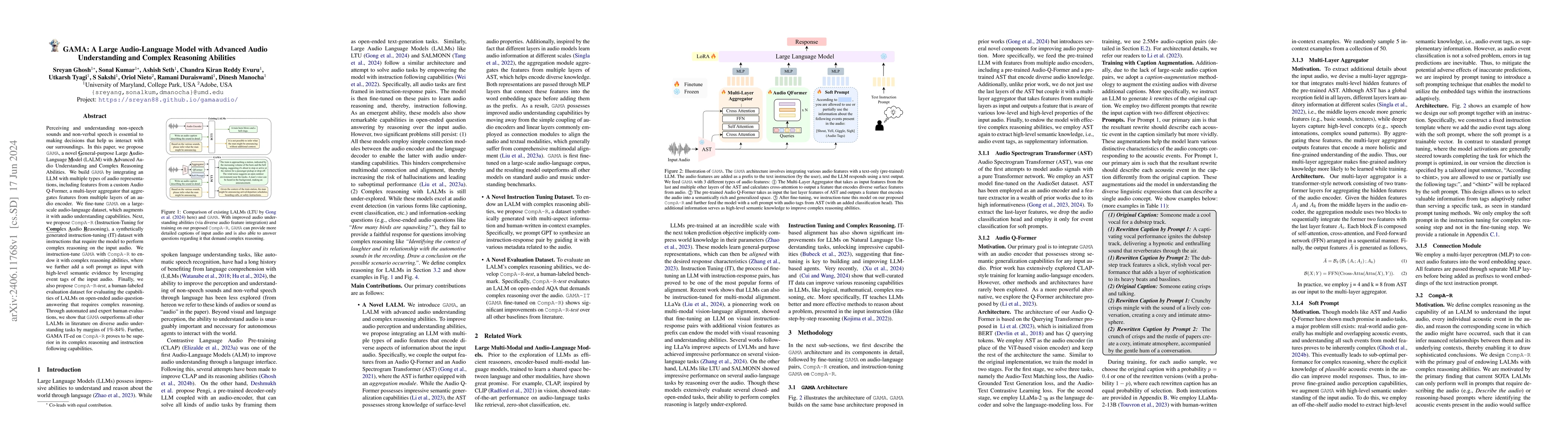 Thumbnail for GAMA: A Large Audio-Language Model with Advanced Audio Understanding and
  Complex Reasoning Abilities
