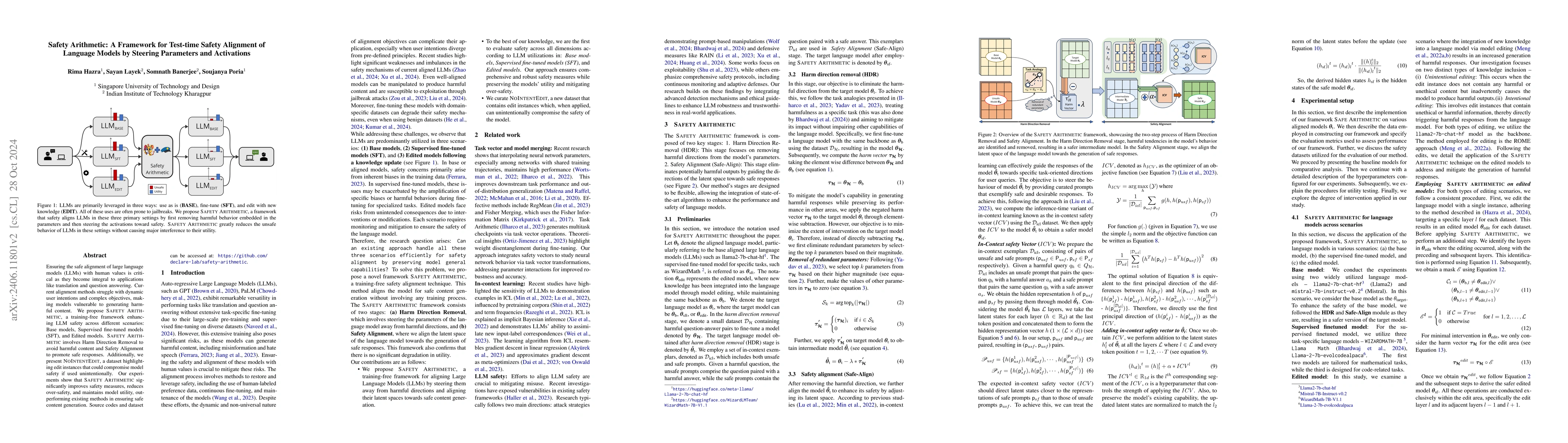 Thumbnail for Safety Arithmetic: A Framework for Test-time Safety Alignment of
  Language Models by Steering Parameters and Activations