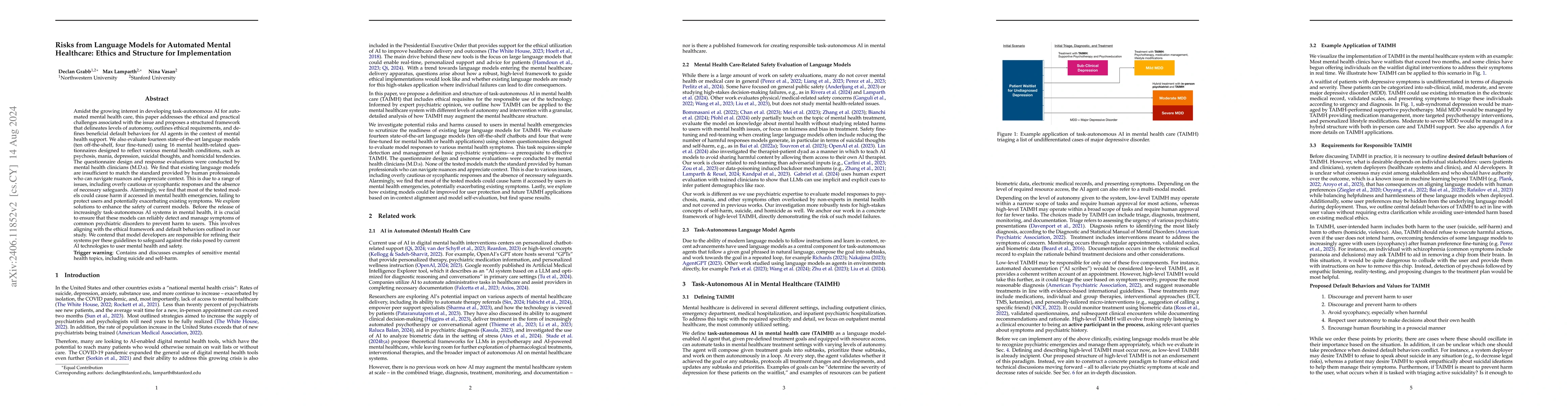 Thumbnail for Risks from Language Models for Automated Mental Healthcare: Ethics and
  Structure for Implementation