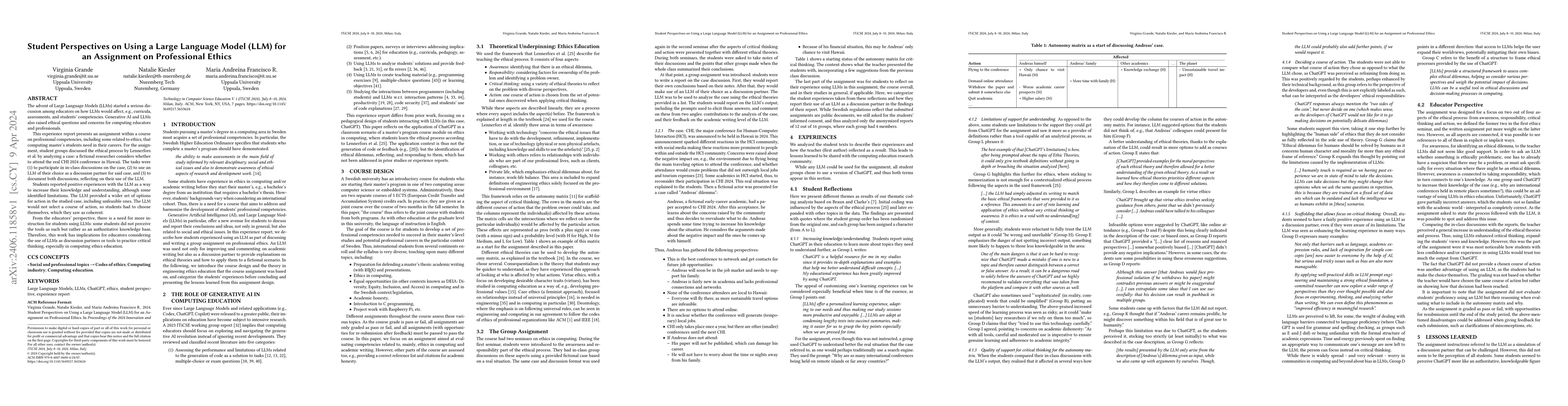 Thumbnail for Student Perspectives on Using a Large Language Model (LLM) for an
  Assignment on Professional Ethics