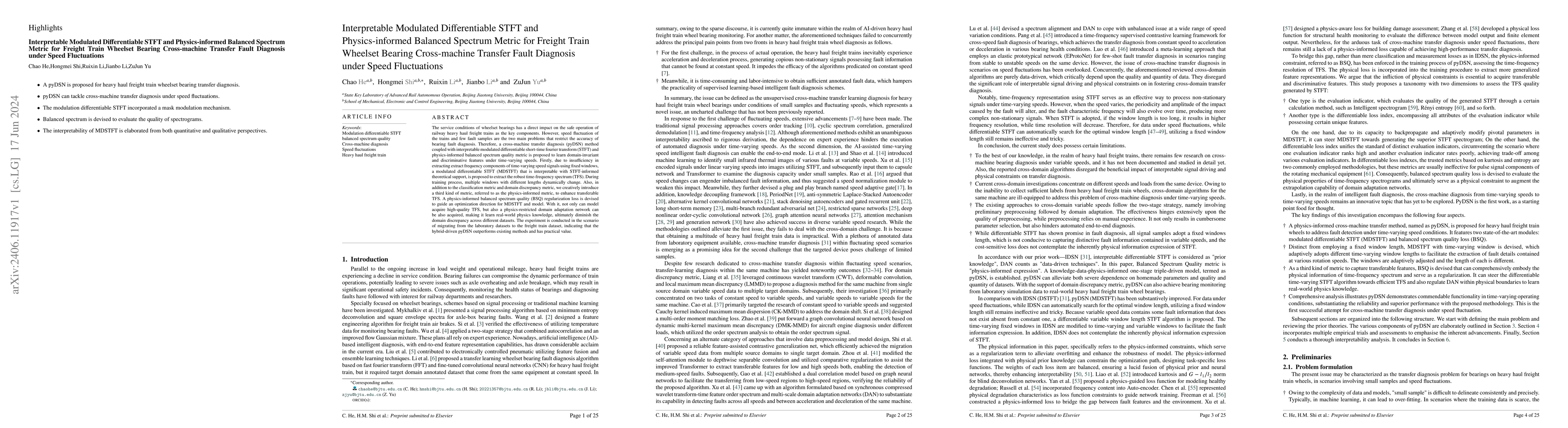 Thumbnail for Interpretable modulated differentiable STFT and physics-informed
  balanced spectrum metric for freight train wheelset bearing cross-machine
  transfer fault diagnosis under speed fluctuations