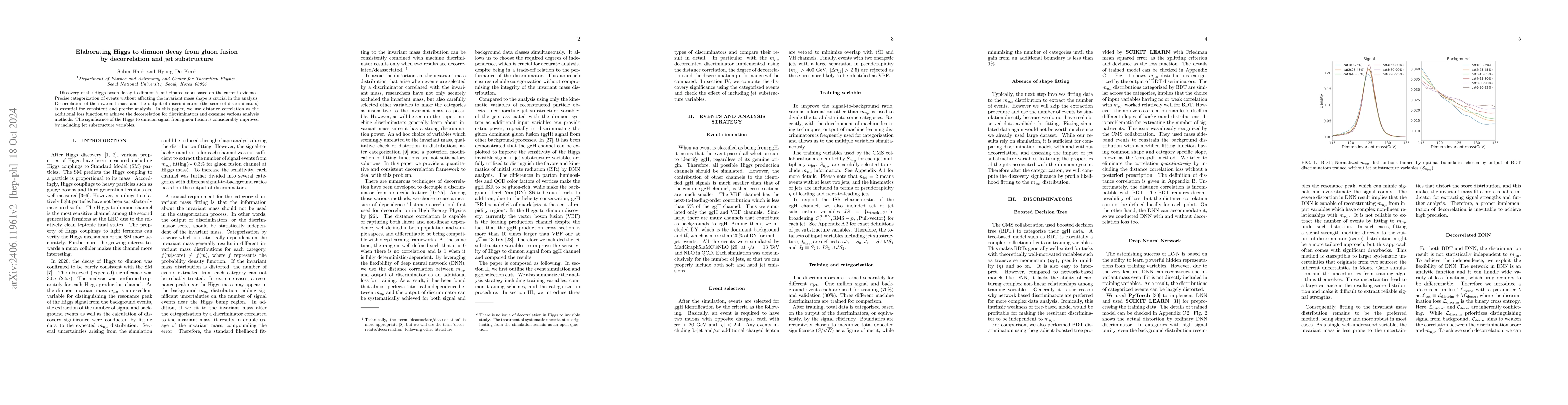 Thumbnail for Elaborating Higgs to dimuon decay from gluon fusion by decorrelation and
  jet substructure