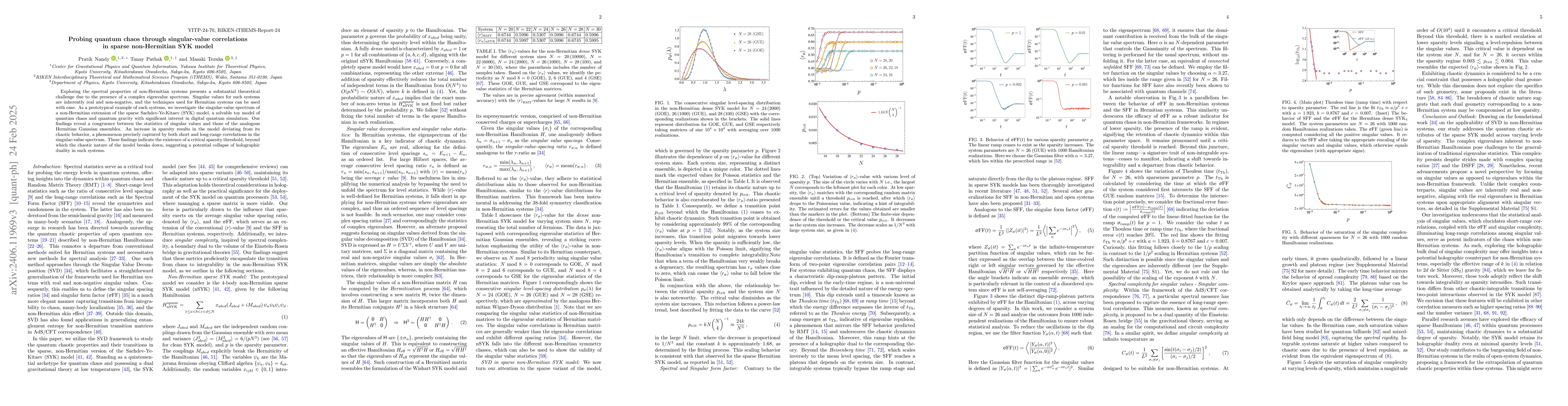 Thumbnail for Probing quantum chaos through singular-value correlations in sparse
  non-Hermitian SYK model