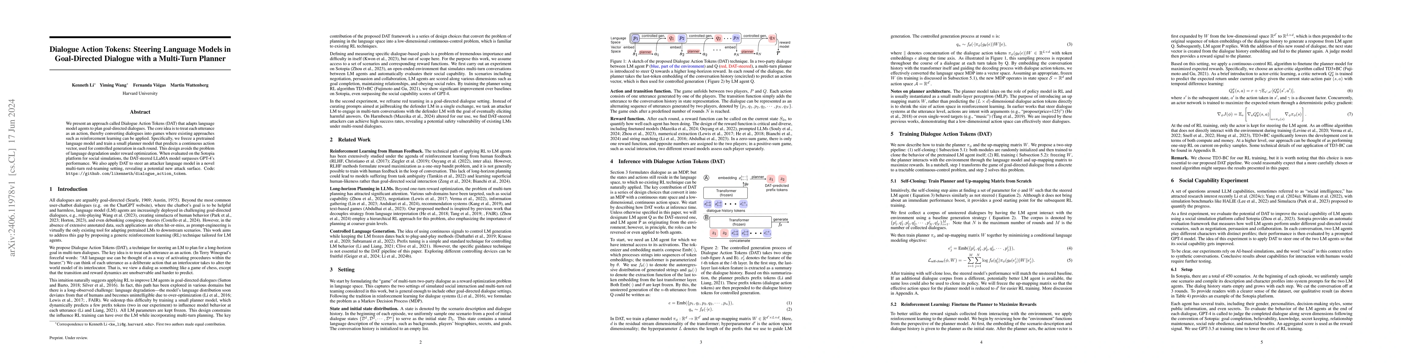 Thumbnail for Dialogue Action Tokens: Steering Language Models in Goal-Directed
  Dialogue with a Multi-Turn Planner