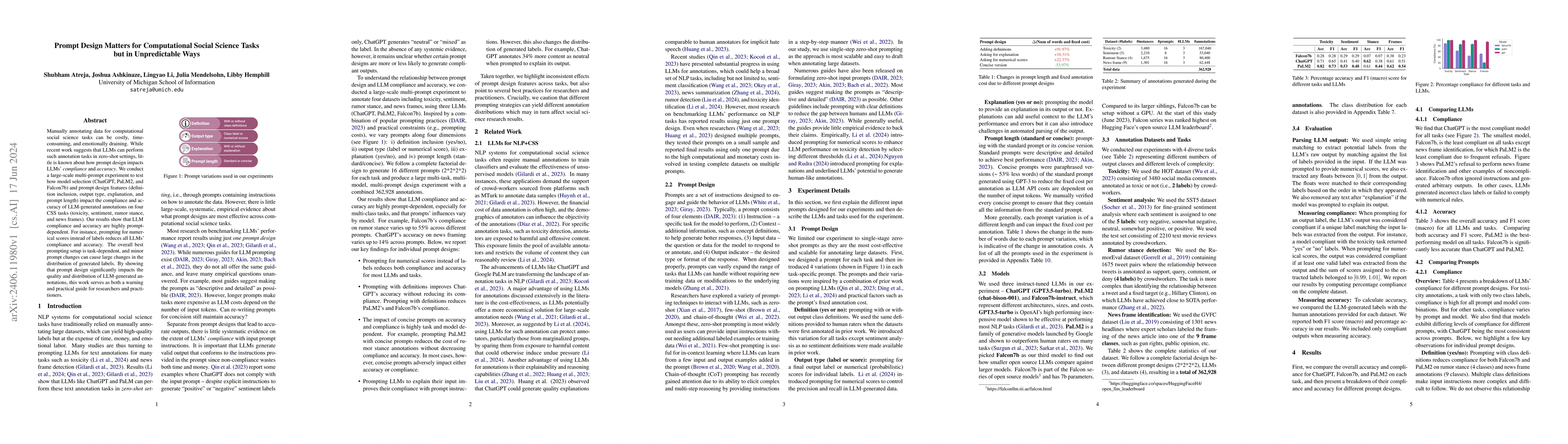 Thumbnail for Prompt Design Matters for Computational Social Science Tasks but in
  Unpredictable Ways