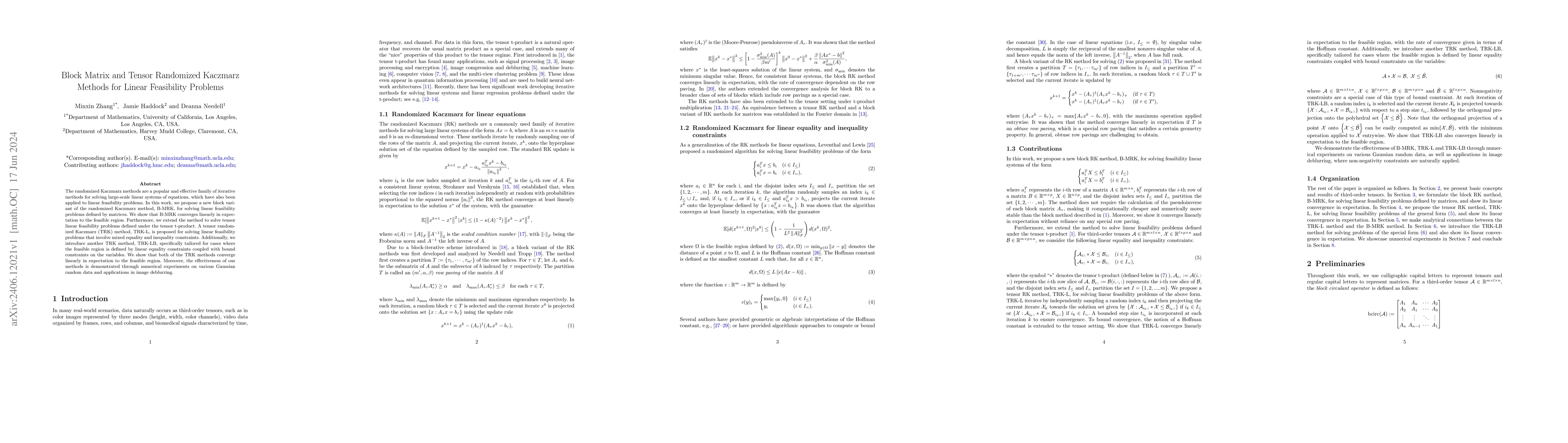 Thumbnail for Block Matrix and Tensor Randomized Kaczmarz Methods for Linear
  Feasibility Problems