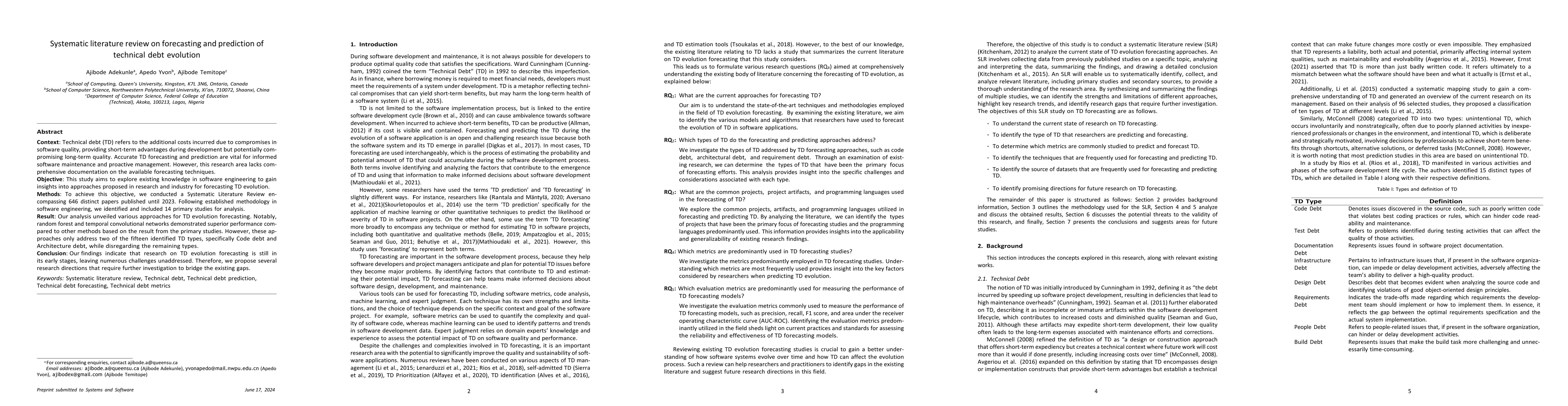 Thumbnail for Systematic literature review on forecasting and prediction of technical
  debt evolution