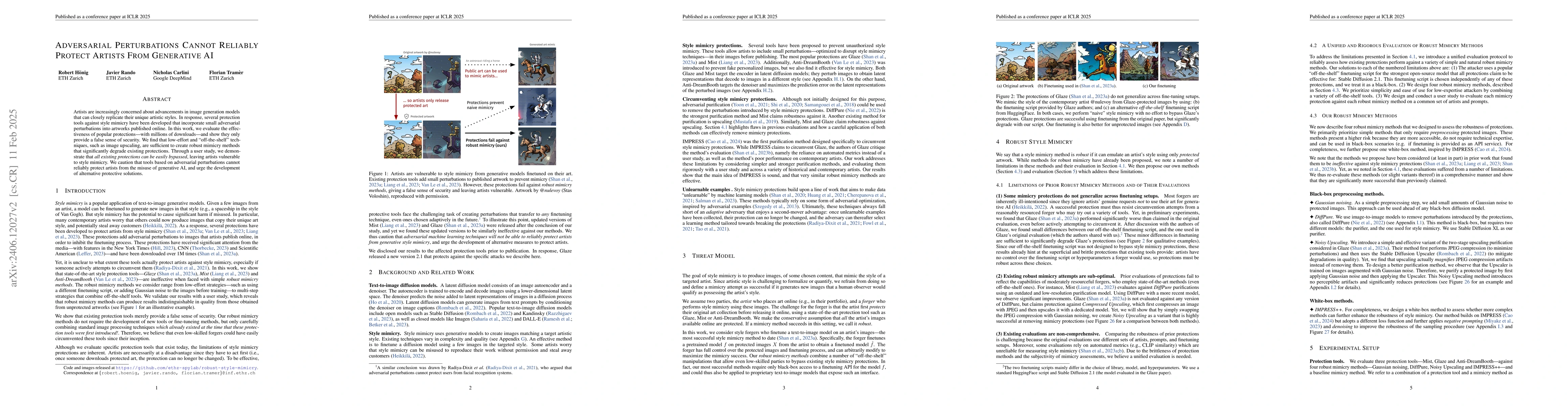 Thumbnail for Adversarial Perturbations Cannot Reliably Protect Artists From
  Generative AI