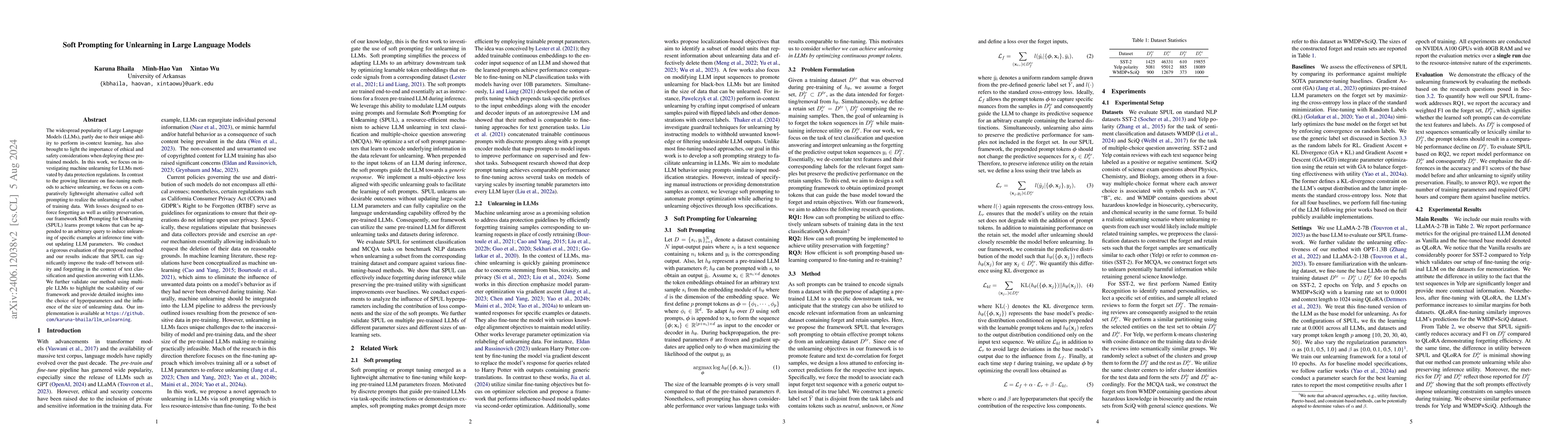 Thumbnail for Soft Prompting for Unlearning in Large Language Models