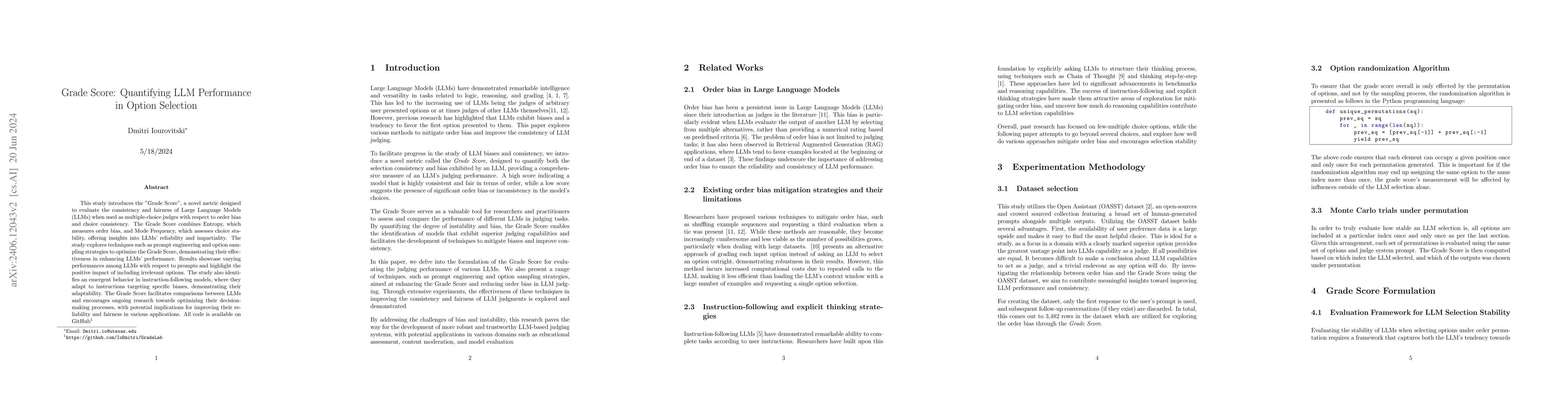 Thumbnail for Grade Score: Quantifying LLM Performance in Option Selection