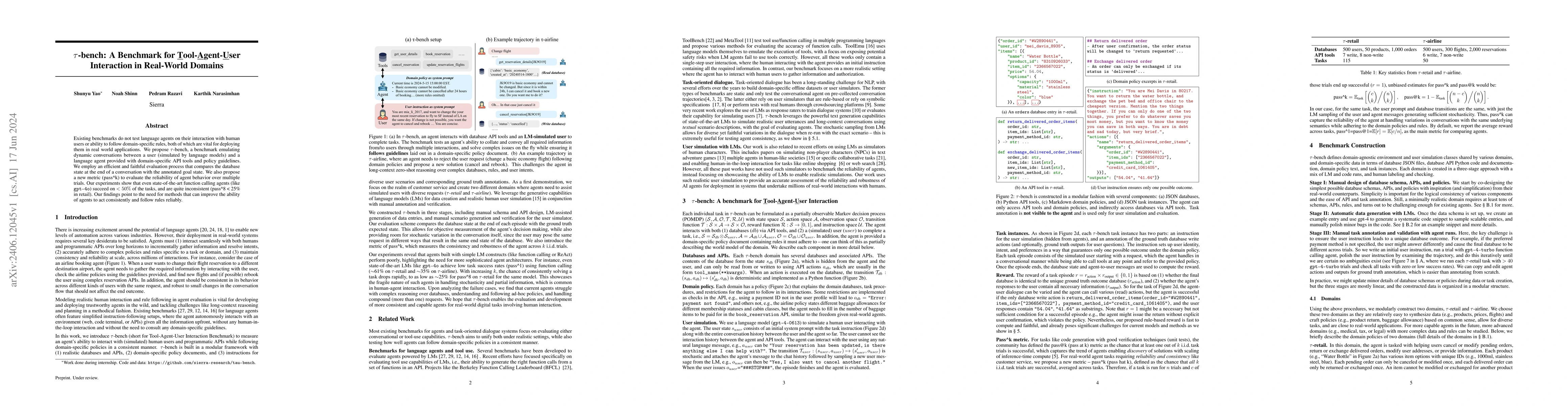 Thumbnail for $τ$-bench: A Benchmark for Tool-Agent-User Interaction in Real-World
  Domains