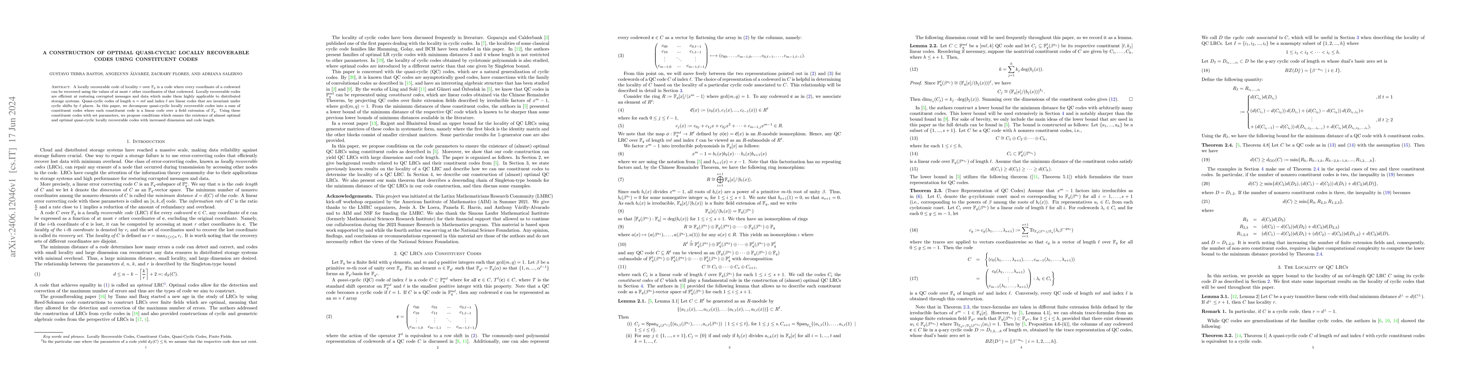 Thumbnail for A Construction of Optimal Quasi-cyclic Locally Recoverable Codes using
  Constituent Codes