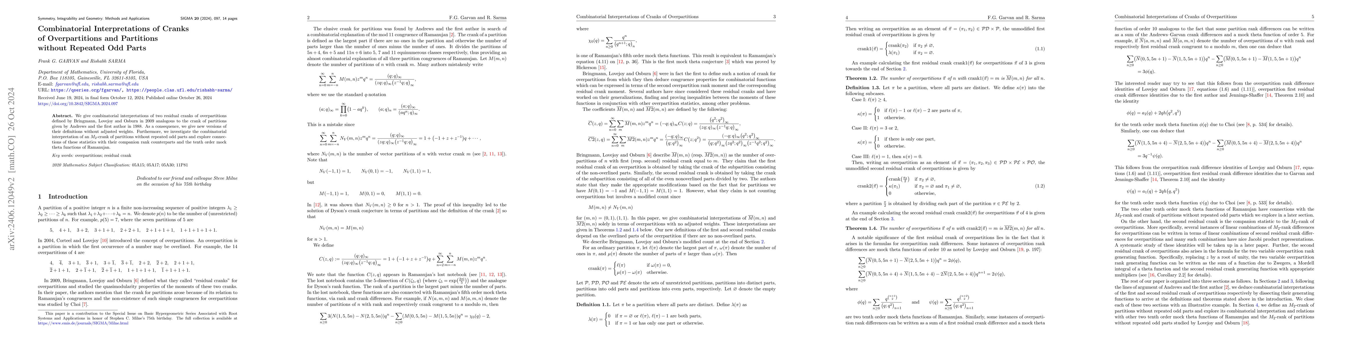 Thumbnail for Combinatorial interpretations of cranks of overpartitions and partitions
  into distinct odd parts