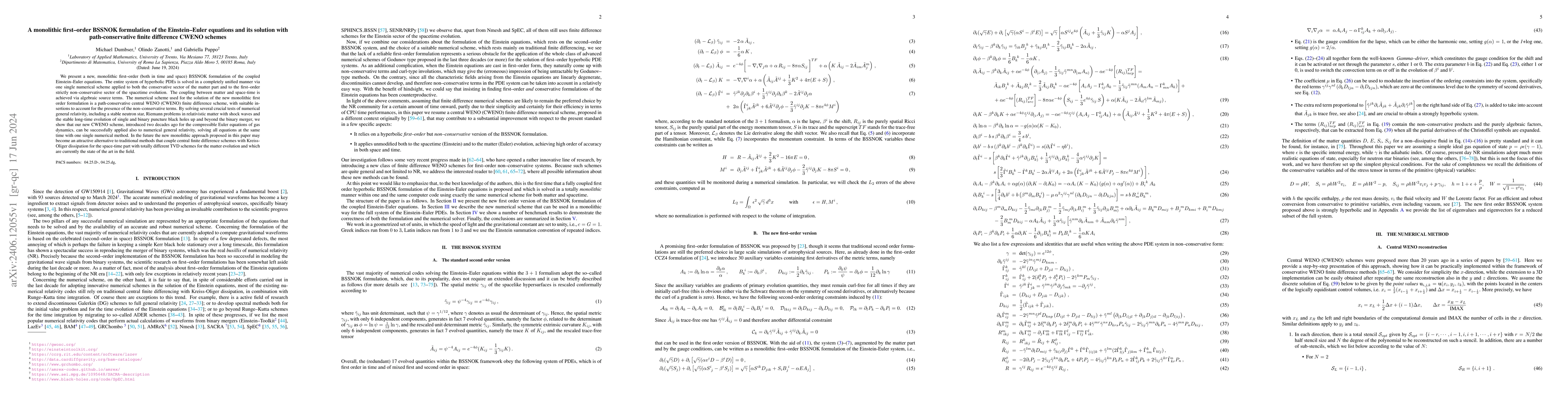Thumbnail for A monolithic first--order BSSNOK formulation of the Einstein--Euler
  equations and its solution with path-conservative finite difference CWENO
  schemes