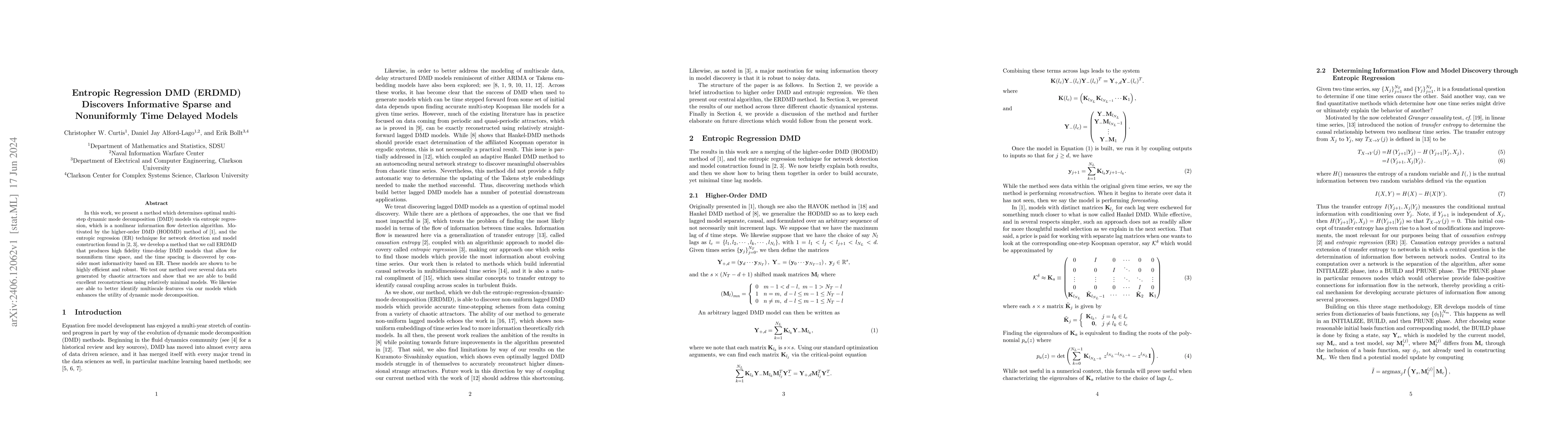 Thumbnail for Entropic Regression DMD (ERDMD) Discovers Informative Sparse and
  Nonuniformly Time Delayed Models