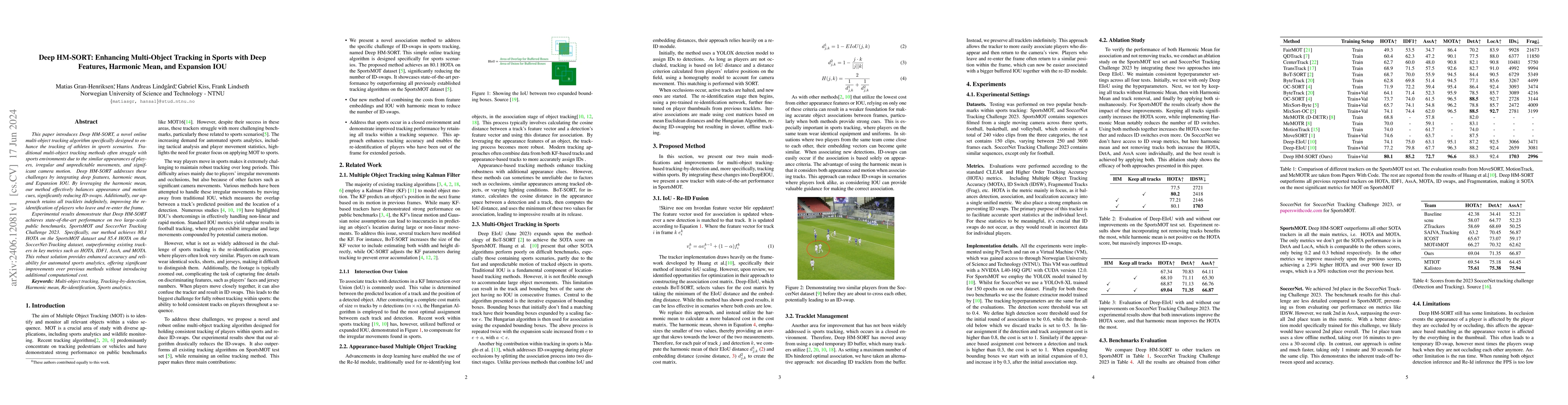 Thumbnail for Deep HM-SORT: Enhancing Multi-Object Tracking in Sports with Deep
  Features, Harmonic Mean, and Expansion IOU