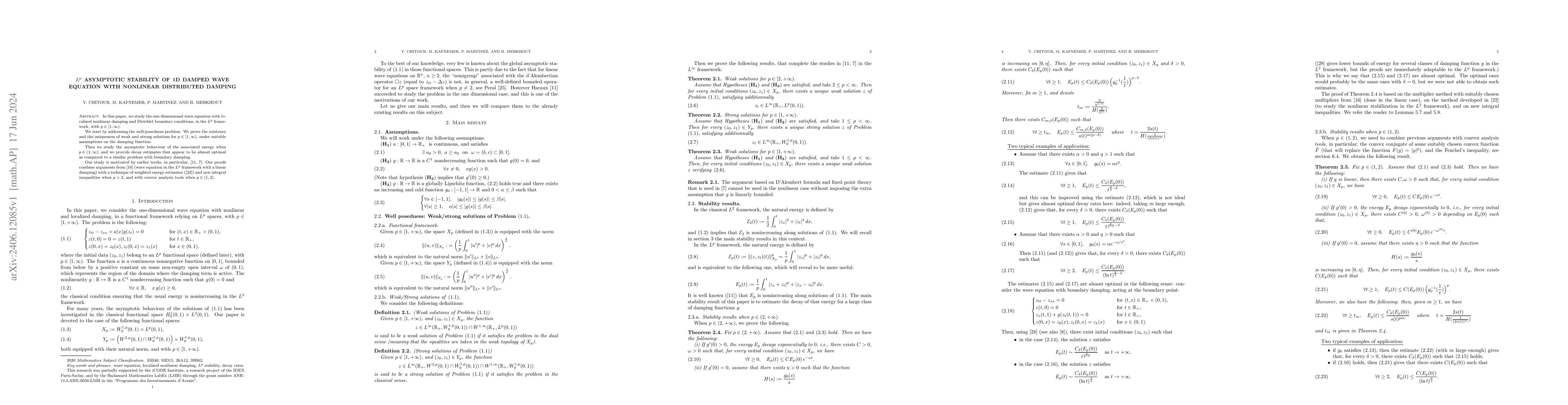 Thumbnail for $L^p$ asymptotic stability of 1D damped wave equation with nonlinear
  distributed damping