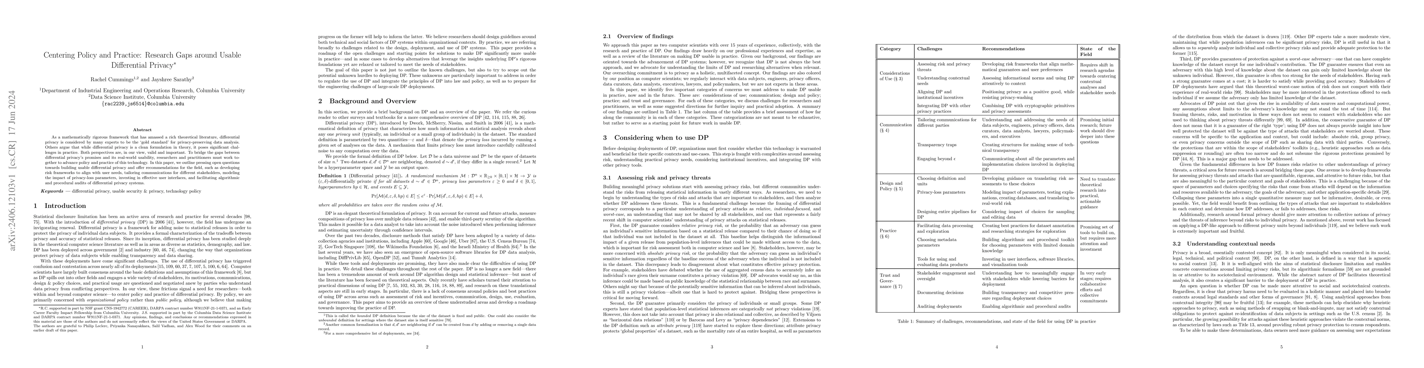 Thumbnail for Centering Policy and Practice: Research Gaps around Usable Differential
  Privacy