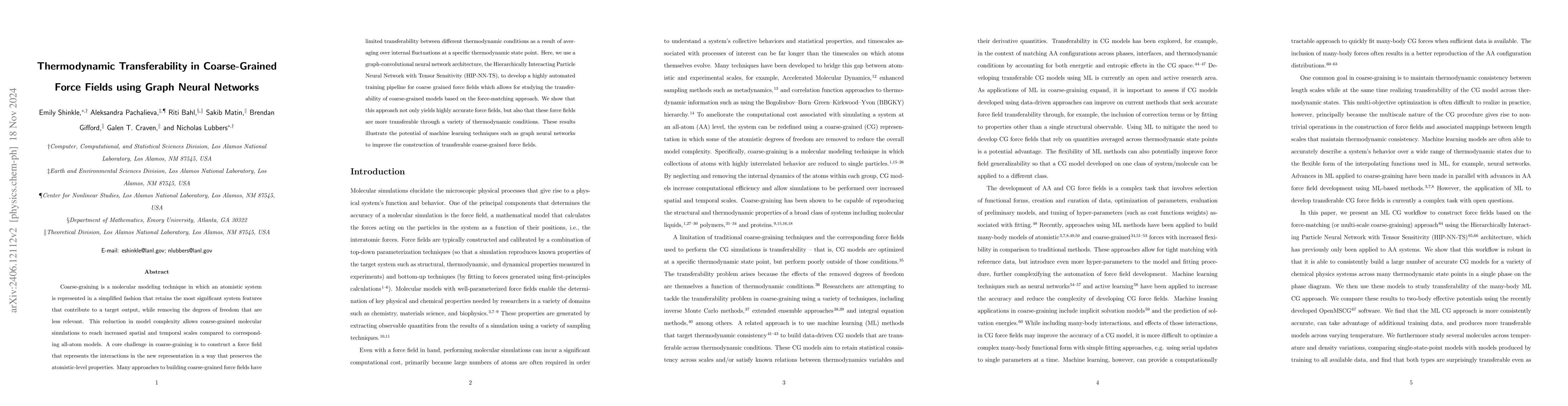 Thumbnail for Thermodynamic Transferability in Coarse-Grained Force Fields using Graph
  Neural Networks