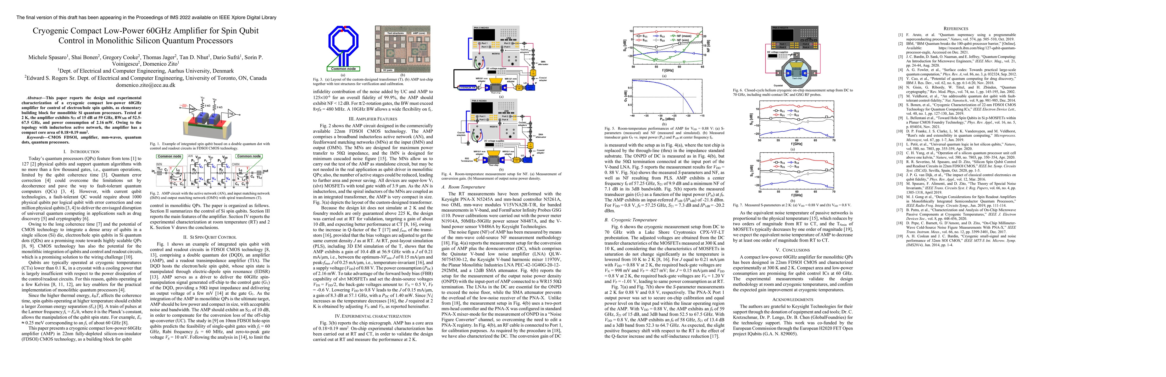 Thumbnail for Cryogenic Compact Low-Power 60GHz Amplifier for Spin Qubit Control in
  Monolithic Silicon Quantum Processors