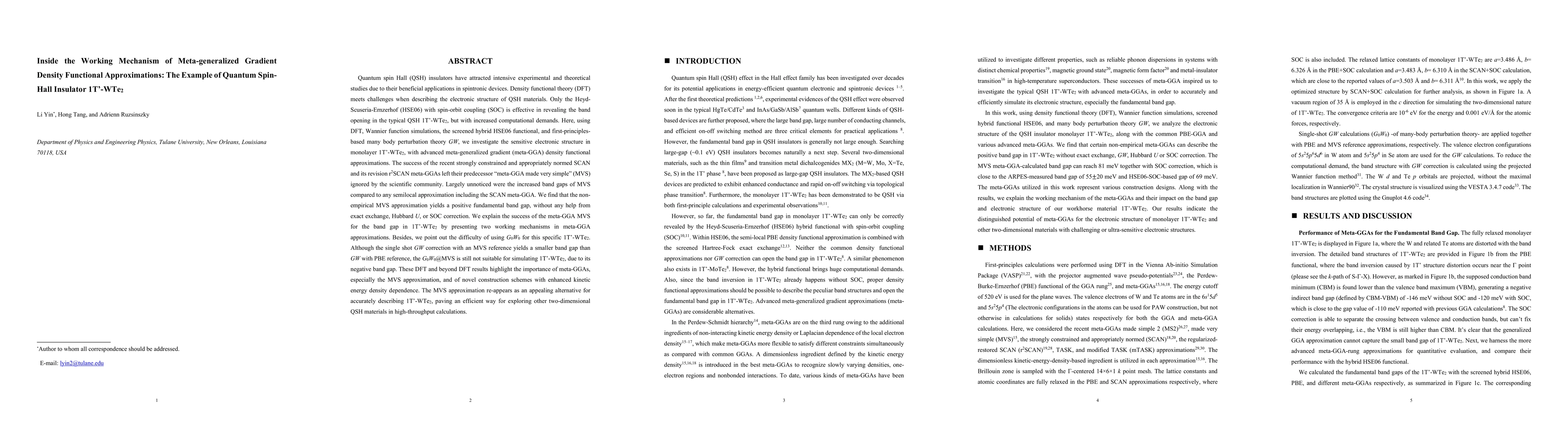 Thumbnail for Inside the Working Mechanism of Meta-generalized Gradient Density
  Functional Approximations: The Example of Quantum Spin-Hall Insulator
  1T`-WTe2