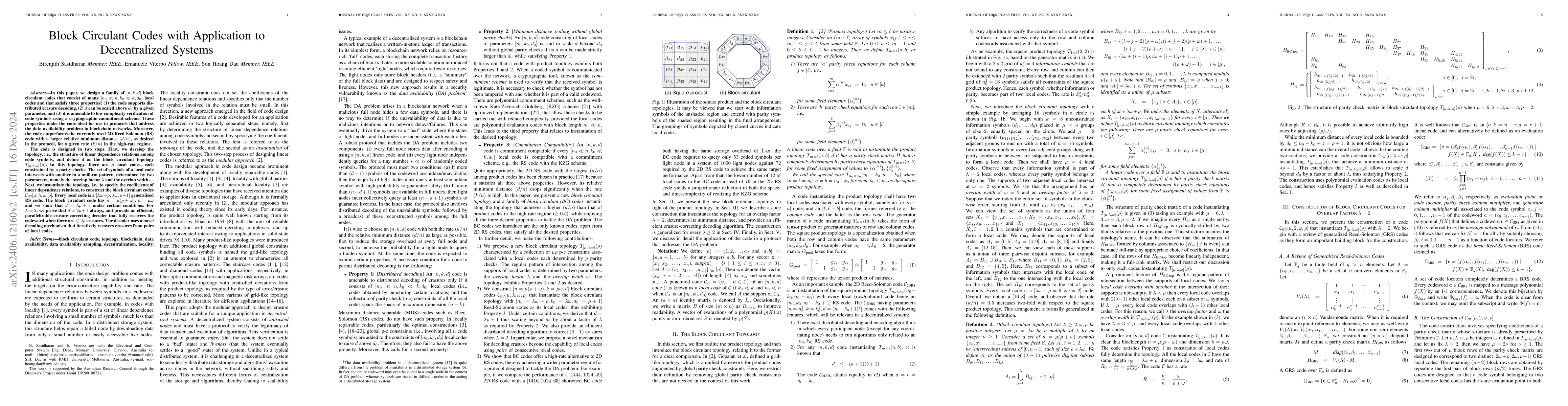 Thumbnail for Block Circulant Codes with Application to Decentralized Systems